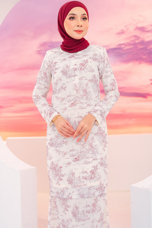 KURUNG FLORAL - CARNATION IN BURGUNDY WHITE