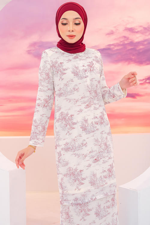 KURUNG FLORAL - CARNATION IN BURGUNDY WHITE