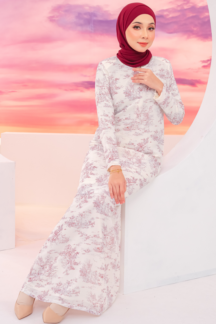 KURUNG FLORAL - CARNATION IN BURGUNDY WHITE